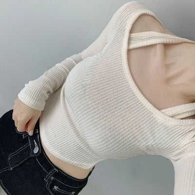 Cinched Round Halter Neck Round Knit Tee  Slim Feminine Long Sleeve Crop Street Sexy Slim Fit Ribbed Daily Top