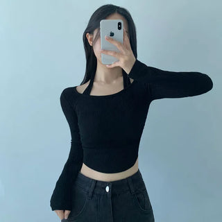 Cinched Round Halter Neck Round Knit Tee  Slim Feminine Long Sleeve Crop Street Sexy Slim Fit Ribbed Daily Top