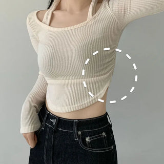 Cinched Round Halter Neck Round Knit Tee  Slim Feminine Long Sleeve Crop Street Sexy Slim Fit Ribbed Daily Top