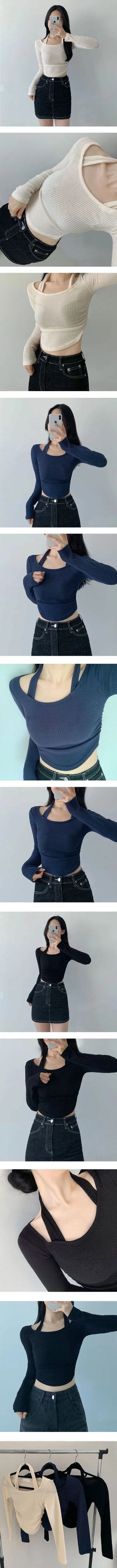 Cinched Round Halter Neck Round Knit Tee  Slim Feminine Long Sleeve Crop Street Sexy Slim Fit Ribbed Daily Top