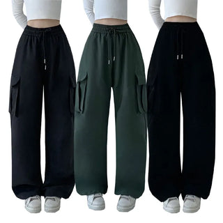 High-Waisted Elastic Cargo Wide Pants Long Wide Pants