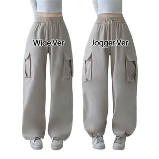 High-Waisted Elastic Cargo Wide Pants Long Wide Pants