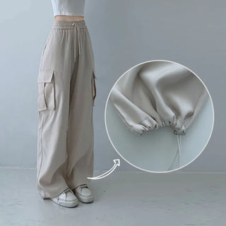 High-Waisted Elastic Cargo Wide Pants Long Wide Pants