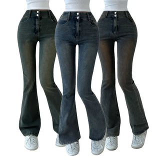 High-Waisted Slim Fit Two-Button Bootcut Denim Pants Stretch Washed Jeans