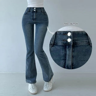 High-Waisted Slim Fit Two-Button Bootcut Denim Pants Stretch Washed Jeans