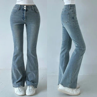 High-Waisted Slim Fit Two-Button Bootcut Denim Pants Stretch Washed Jeans