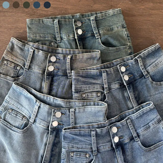 High-Waisted Slim Fit Two-Button Bootcut Denim Pants Stretch Washed Jeans