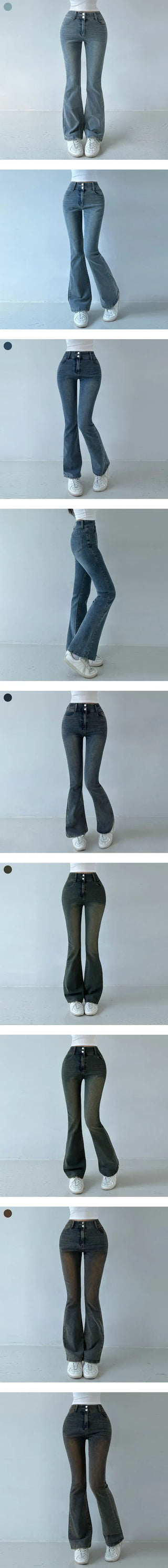 High-Waisted Slim Fit Two-Button Bootcut Denim Pants Stretch Washed Jeans