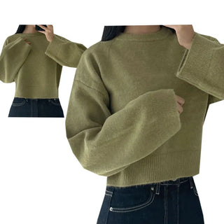 Round Basic Knit Crop T-shirt Autumn/Winter Basic Daily Round Neck Long Sleeve Avant-garde Cozy Tops