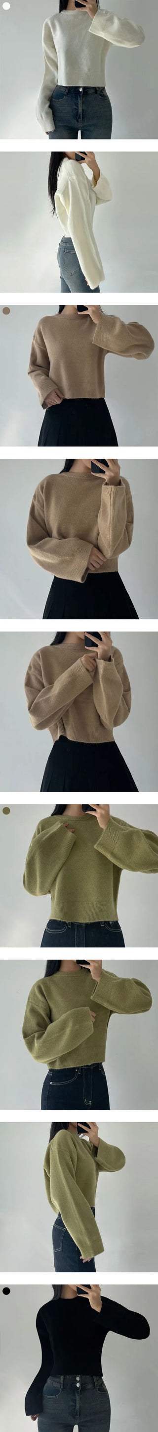 Round Basic Knit Crop T-shirt Autumn/Winter Basic Daily Round Neck Long Sleeve Avant-garde Cozy Tops