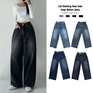 Cat-washed Real Wide Hem Snap Button Jeans Balloon Fit & Wide Fit Two-way Denim Pants