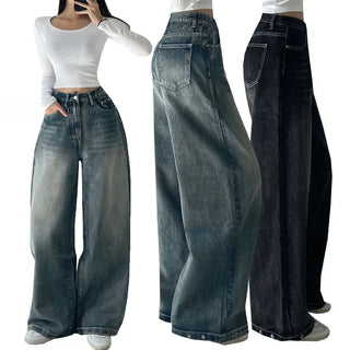 Cat-washed Real Wide Hem Snap Button Jeans Balloon Fit & Wide Fit Two-way Denim Pants