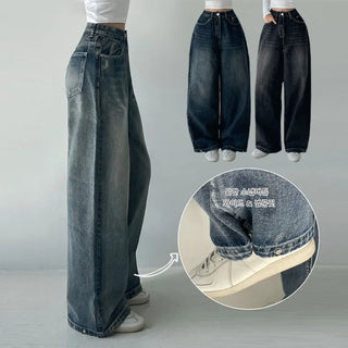 Cat-washed Real Wide Hem Snap Button Jeans Balloon Fit & Wide Fit Two-way Denim Pants