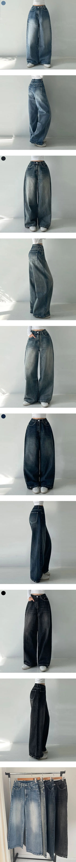 Cat-washed Real Wide Hem Snap Button Jeans Balloon Fit & Wide Fit Two-way Denim Pants