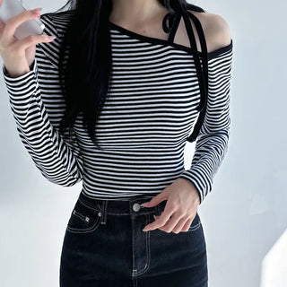 Delicate Fit Karina Stripe Asymmetrical Plain Striped Cinched Waist Crop String Autumn/Winter Halter Neck Strap Balletcore Long Sleeve T-shirt