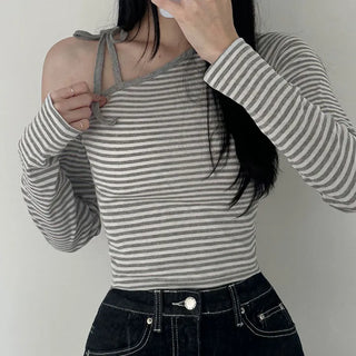 Delicate Fit Karina Stripe Asymmetrical Plain Striped Cinched Waist Crop String Autumn/Winter Halter Neck Strap Balletcore Long Sleeve T-shirt