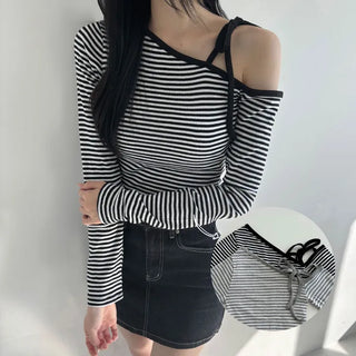 Delicate Fit Karina Stripe Asymmetrical Plain Striped Cinched Waist Crop String Autumn/Winter Halter Neck Strap Balletcore Long Sleeve T-shirt