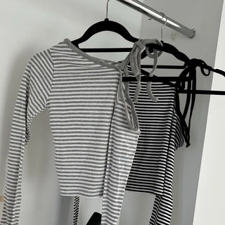 Delicate Fit Karina Stripe Asymmetrical Plain Striped Cinched Waist Crop String Autumn/Winter Halter Neck Strap Balletcore Long Sleeve T-shirt