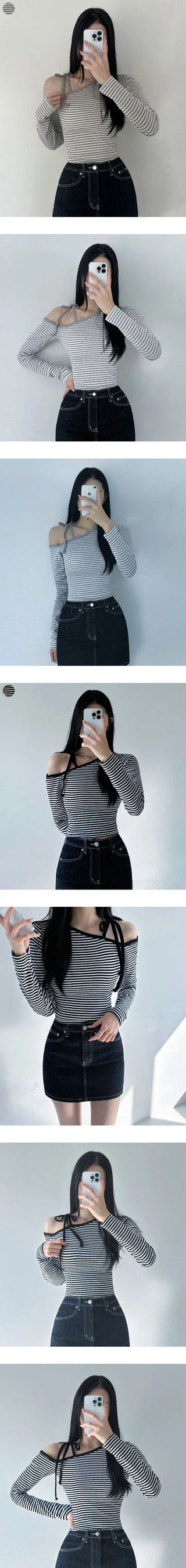 Delicate Fit Karina Stripe Asymmetrical Plain Striped Cinched Waist Crop String Autumn/Winter Halter Neck Strap Balletcore Long Sleeve T-shirt