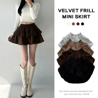 Velvet Corduroy Tiered Mini Skirt High-Waisted Elastic Pleated A-Line New Autumn Frill Skirt