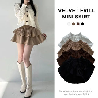 Velvet Corduroy Tiered Mini Skirt High-Waisted Elastic Pleated A-Line New Autumn Frill Skirt