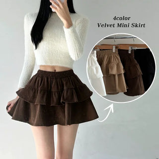 Velvet Corduroy Tiered Mini Skirt High-Waisted Elastic Pleated A-Line New Autumn Frill Skirt