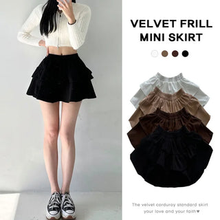 Velvet Corduroy Tiered Mini Skirt High-Waisted Elastic Pleated A-Line New Autumn Frill Skirt