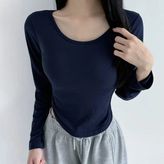 U-Neck Slim Rounded Long Sleeve T-Shirt Basic Daily Soft Plain Basic Tee Autumn Winter Long Sleeve T-Shirt