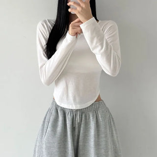 U-Neck Slim Rounded Long Sleeve T-Shirt Basic Daily Soft Plain Basic Tee Autumn Winter Long Sleeve T-Shirt