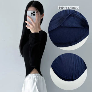 U-Neck Slim Rounded Long Sleeve T-Shirt Basic Daily Soft Plain Basic Tee Autumn Winter Long Sleeve T-Shirt