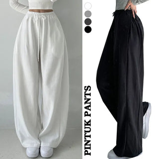 High-waisted Elastic Width Pintuck Fleece-lined Wide Pants Autumn/Winter Pants