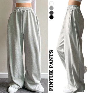High-waisted Elastic Width Pintuck Fleece-lined Wide Pants Autumn/Winter Pants