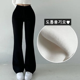 Winter Fleece-lined Corduroy Hidden Button Corduroy Fleece-lined Bootcut Slacks High-waisted Fleece Pants