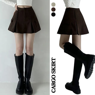 Winter Cargo Skirt Corduroy Fleece High-Waisted Flare A-Line Mini Skirt  Fleece-Lined Skirt