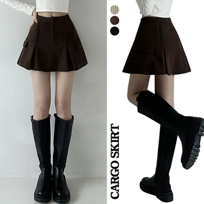 Winter Cargo Skirt Corduroy Fleece High-Waisted Flare A-Line Mini Skirt  Fleece-Lined Skirt