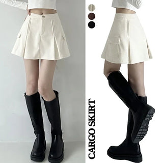 Winter Cargo Skirt Corduroy Fleece High-Waisted Flare A-Line Mini Skirt  Fleece-Lined Skirt