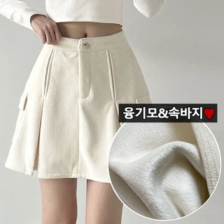 Winter Cargo Skirt Corduroy Fleece High-Waisted Flare A-Line Mini Skirt  Fleece-Lined Skirt
