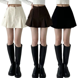 Winter Cargo Skirt Corduroy Fleece High-Waisted Flare A-Line Mini Skirt  Fleece-Lined Skirt