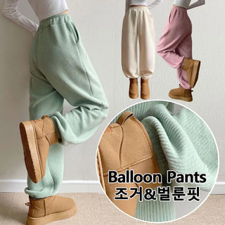 New Winter High-Waisted Fleece-lined Knit Jogger Pants Pastel Balloon Fit Sherpa Drawstring Pants