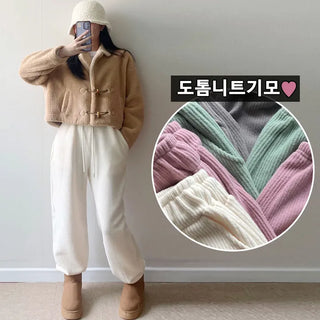 New Winter High-Waisted Fleece-lined Knit Jogger Pants Pastel Balloon Fit Sherpa Drawstring Pants