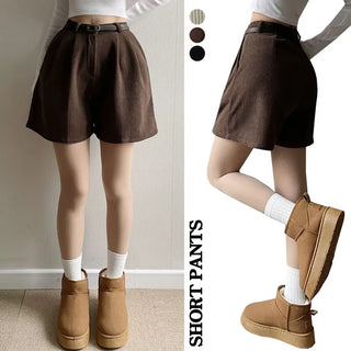 Winter High-Waisted Fleece-lined Corduroy Shorts Hidden Elastic Waist Demure Fleece Short Pants