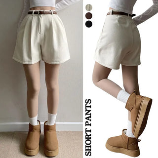 Winter High-Waisted Fleece-lined Corduroy Shorts Hidden Elastic Waist Demure Fleece Short Pants