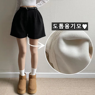 Winter High-Waisted Fleece-lined Corduroy Shorts Hidden Elastic Waist Demure Fleece Short Pants