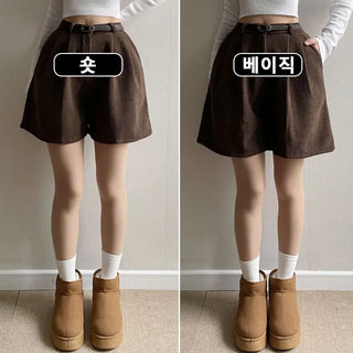 Winter High-Waisted Fleece-lined Corduroy Shorts Hidden Elastic Waist Demure Fleece Short Pants