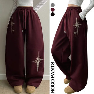 Lettering High-Waist Elastic Winter Mega Wide Pants Fleece-Lined Drawstring Two-Way Long Wide Pants