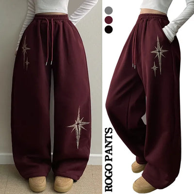 Lettering High-Waist Elastic Winter Mega Wide Pants Fleece-Lined Drawstring Two-Way Long Wide Pants