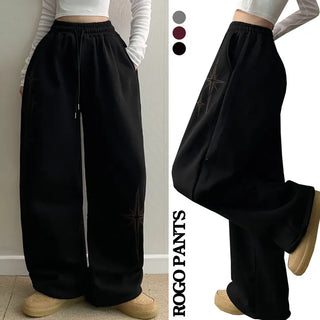 Lettering High-Waist Elastic Winter Mega Wide Pants Fleece-Lined Drawstring Two-Way Long Wide Pants
