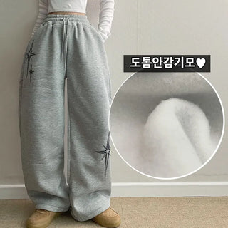 Lettering High-Waist Elastic Winter Mega Wide Pants Fleece-Lined Drawstring Two-Way Long Wide Pants