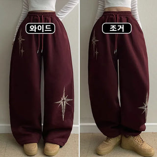 Lettering High-Waist Elastic Winter Mega Wide Pants Fleece-Lined Drawstring Two-Way Long Wide Pants