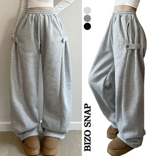 Side Snap Mega Wide Pants Bijou Button Long Wide Training Pants Winter Fleece-lined Elastic Waist Wide Pants Daily Drawstring Pants